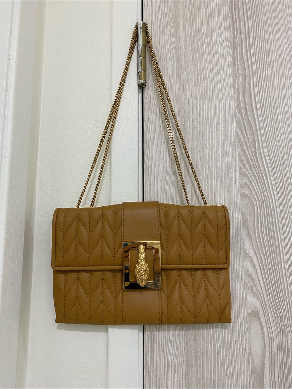 Quilted Chain-Handle Shoulder Bag in Tan